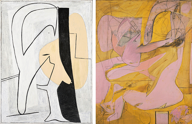 [left] Pablo Picasso, Figure, 1927. Musée National Picasso, Paris. Image: © RMN-Grand Palais / Art Resource, NY, Artwork: © 2022 Estate of Pablo Picasso / Artists Rights Society (ARS), New York [right] Willem de Kooning, Pink Angels, 1945. Frederick R. Weisman Art Foundation, Los Angeles. Image: Bridgeman Images, Artwork: © 2022 The Willem de Kooning Foundation/Artists Rights Society (ARS), New York